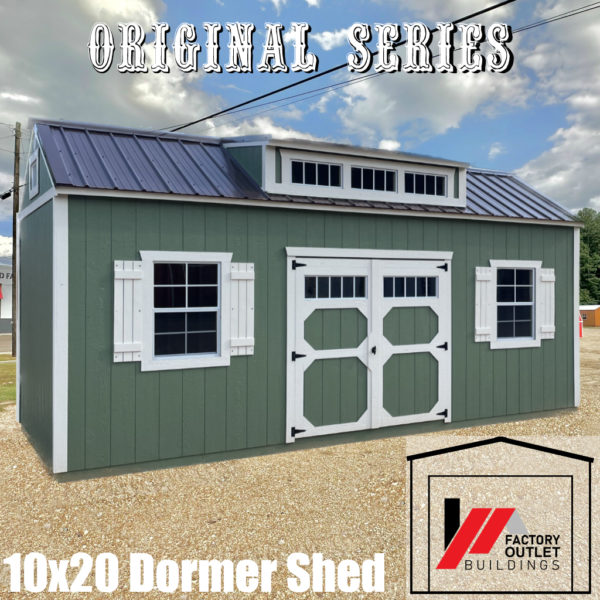 Original Series 10×20 Dormer Shed–Artichoke w Navajo White Trim and Brown Roof