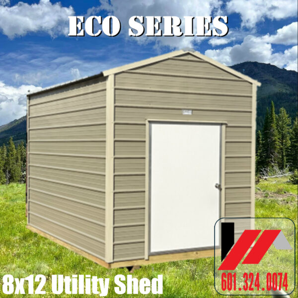 8x12 Eco Series metal utility shed with Desert Sand metal siding and Light Stone trim in South Mississippi