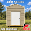 Front view of 8x12 Eco Series utility shed with tan metal siding and white door