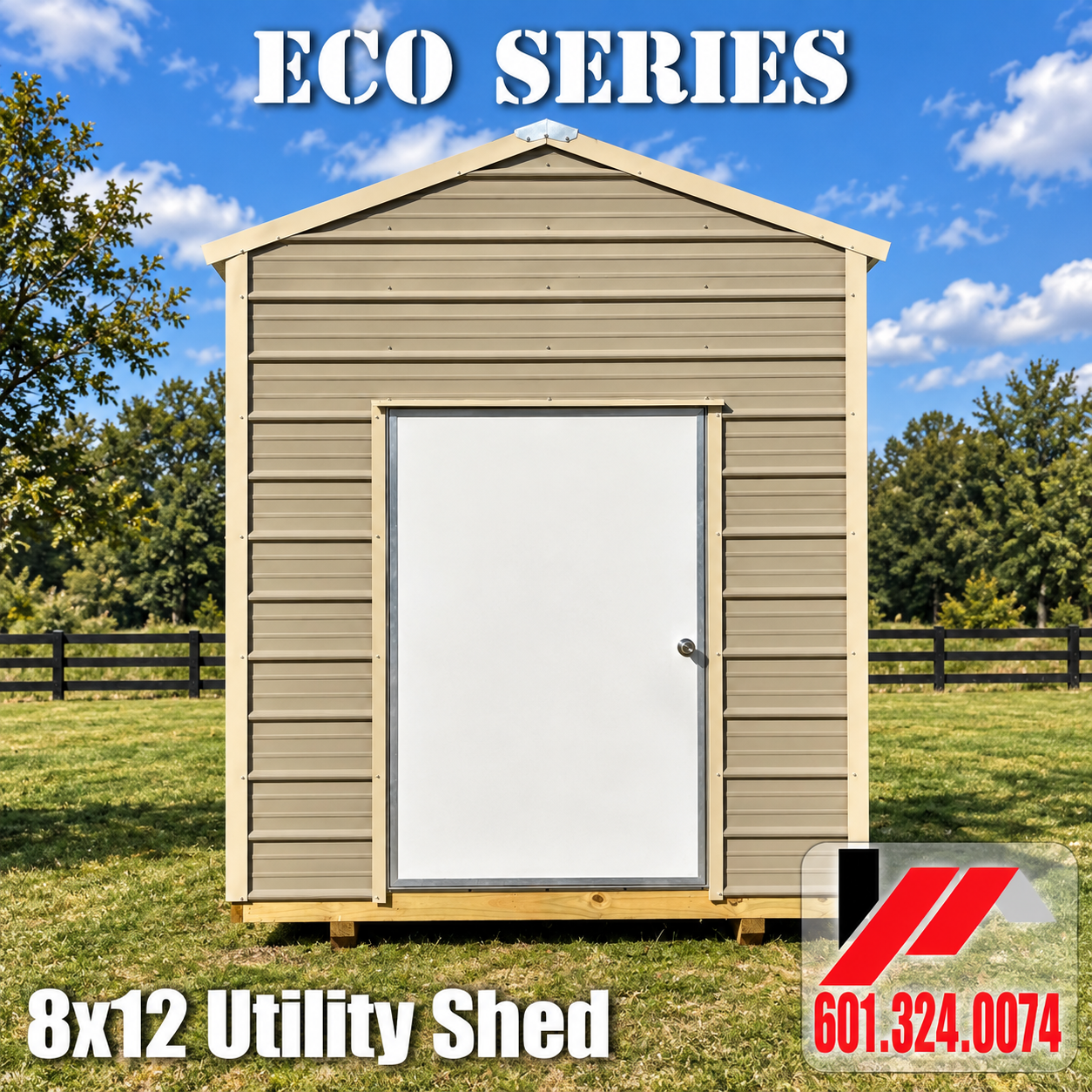 Front view of 8x12 Eco Series utility shed with tan metal siding and white door
