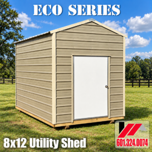 8x12 Eco Series utility shed with tan metal siding and white entry door