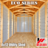 Interior of 8x12 Eco Series utility shed showing wood framing and pressure-treated plywood floor