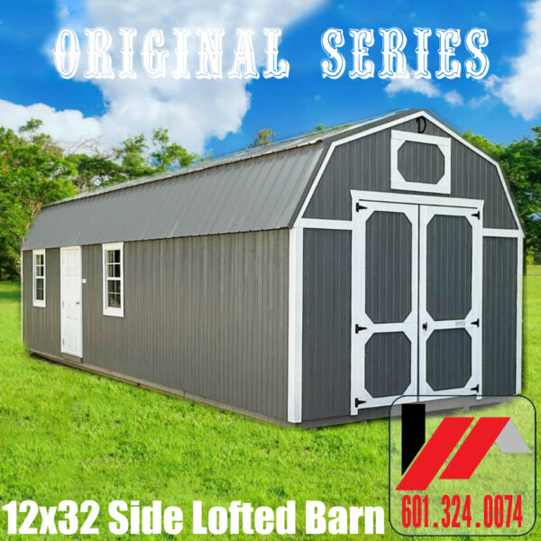 Original Series with Duratemp 12x32 Side Lofted Barn featuring Tall Barn Doors in Peppercorn with White trim in South Mississippi and South Louisiana