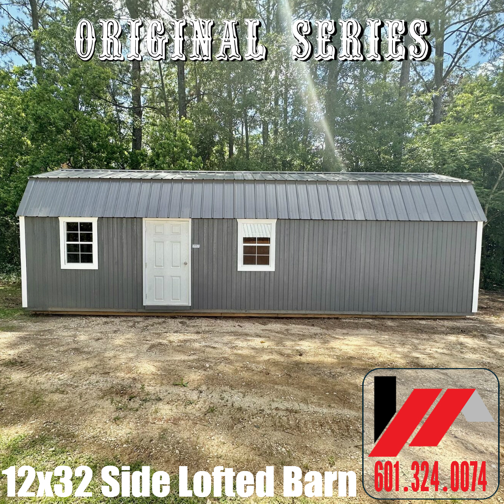 Original Series with Duratemp 12x32 Side Lofted Barn featuring Tall Barn Doors in Peppercorn with White trim in South Mississippi and South Louisiana