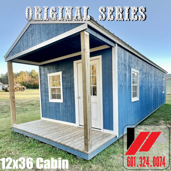 Front Corner View of a 12x36 prefab cabin in Endless Sea Acrylic Finish