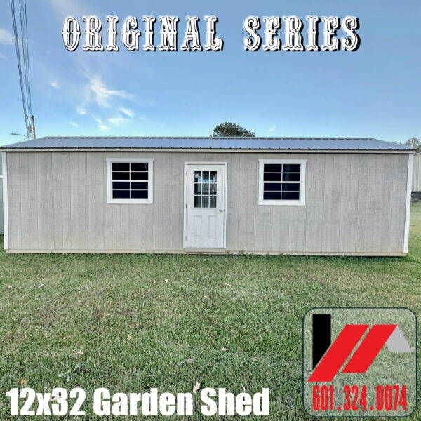 Front View of a 12x32 Shed in Functional Gray Acrylic Finish