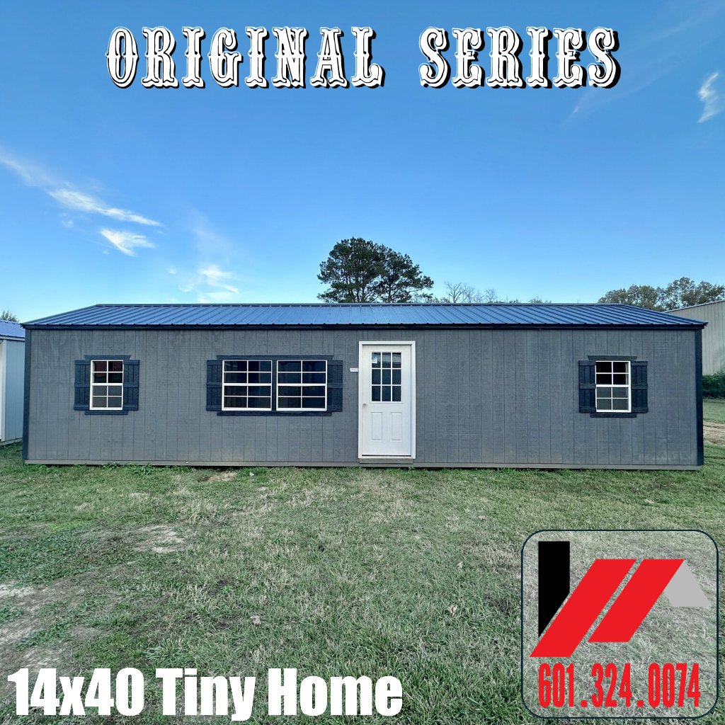 Front View of a 14x40 Tiny Home in Peppercorn Acrylic Finish