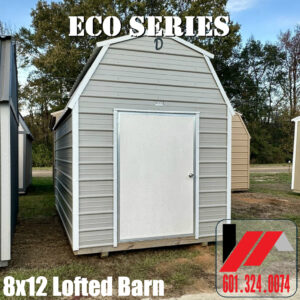 8x12 metal lofted barn with gray metal siding and alamo white trim in South Mississippi