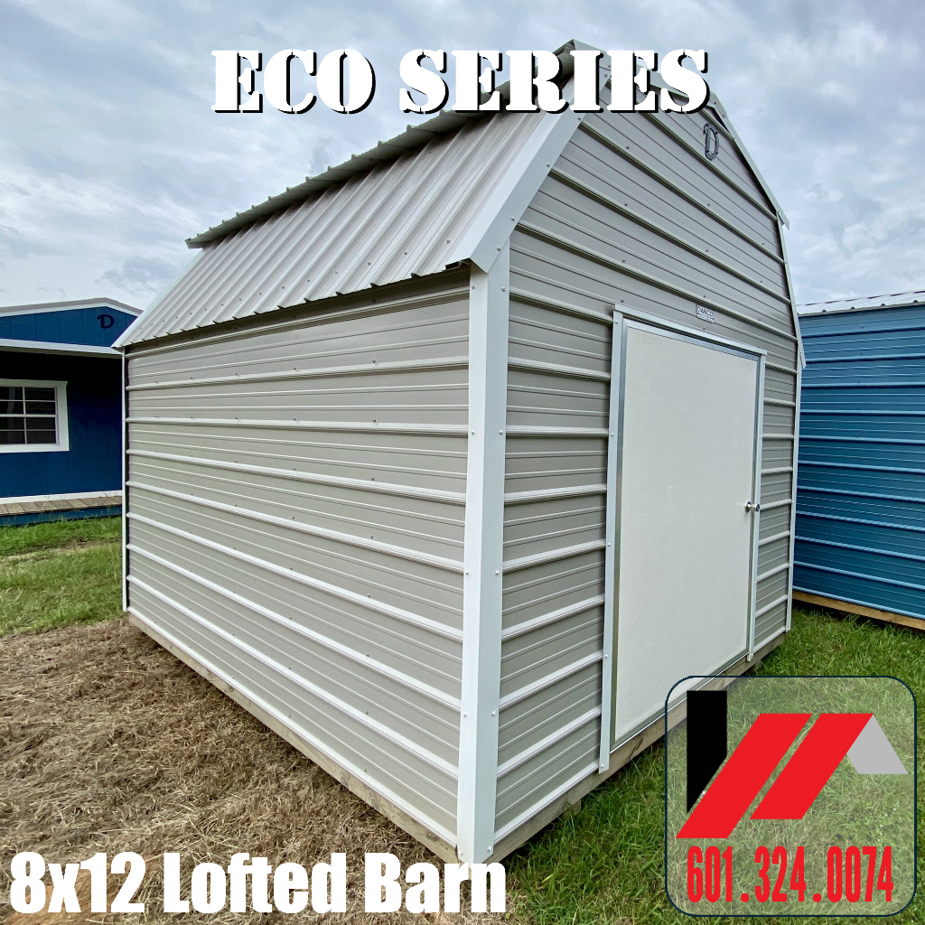 8x12 metal lofted barn with gray metal siding and alamo white trim in South Mississippi