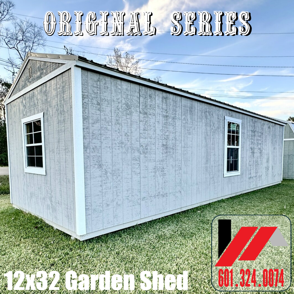 Back Corner View of a 12x32 Shed in Functional Gray Acrylic Finish