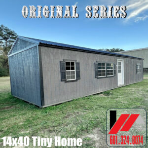 Front View of a 14x40 Tiny Home in Peppercorn Acrylic Finish