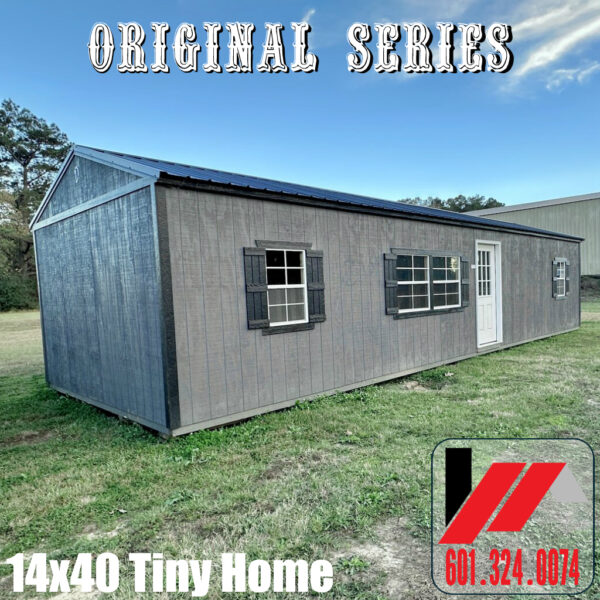 Front View of a 14x40 Tiny Home in Peppercorn Acrylic Finish