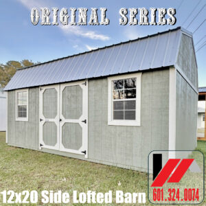 Original Series 12x20 Side Lofted Barn in Evergreen Fog with Dover White trim in South Mississippi and South Louisiana