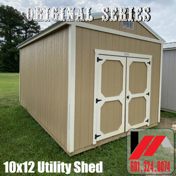 Original Series 10x12 Utility Shed featuring wide 72" Double Barn Doors with lock in Urban Jungle/White Finish for sale in South Mississippi and South Louisiana