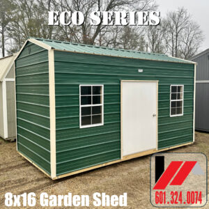 8x16 eco metal side garden shed with Forest metal siding & Roof and Ivory Trim in South Mississippi