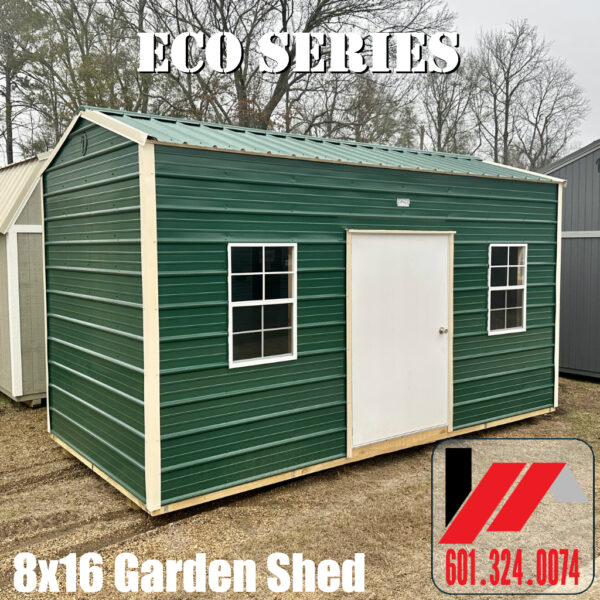 8x16 eco metal side garden shed with Forest metal siding & Roof and Ivory Trim in South Mississippi