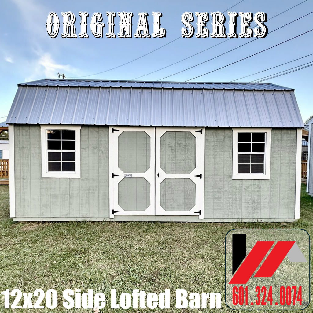 Original Series 12x20 Side Lofted Barn in Evergreen Fog with Dover White trim in South Mississippi and South Louisiana