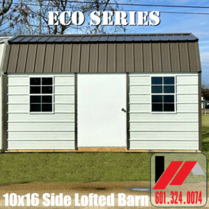 10x16 eco metal side lofted barn with Alamo White metal siding and Burnished Slate Roof & Trim in South Mississippi
