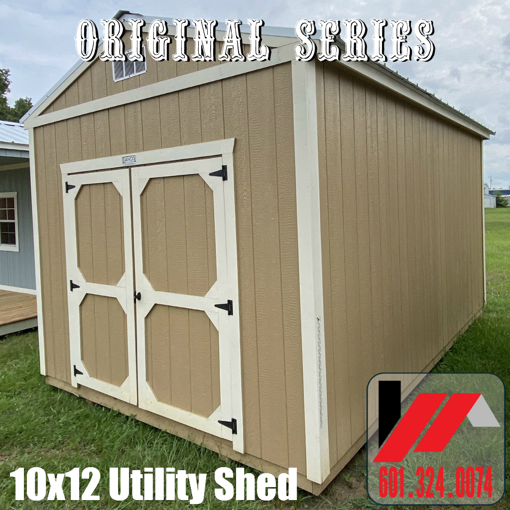 Original Series 10x12 Utility Shed featuring wide 72" Double Barn Doors with lock in Urban Jungle/White Finish for sale in South Mississippi and South Louisiana