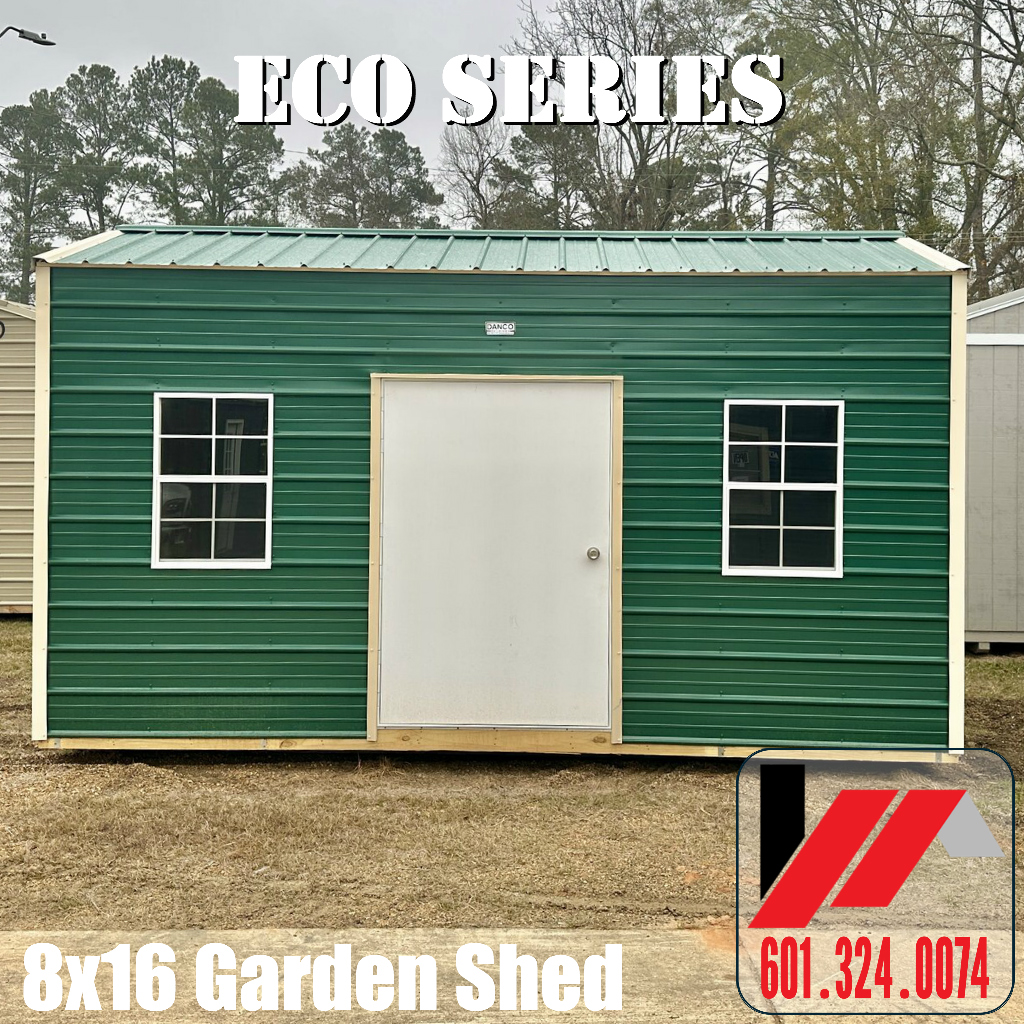 8x16 eco metal side garden shed with Forest metal siding & Roof and Ivory Trim in South Mississippi