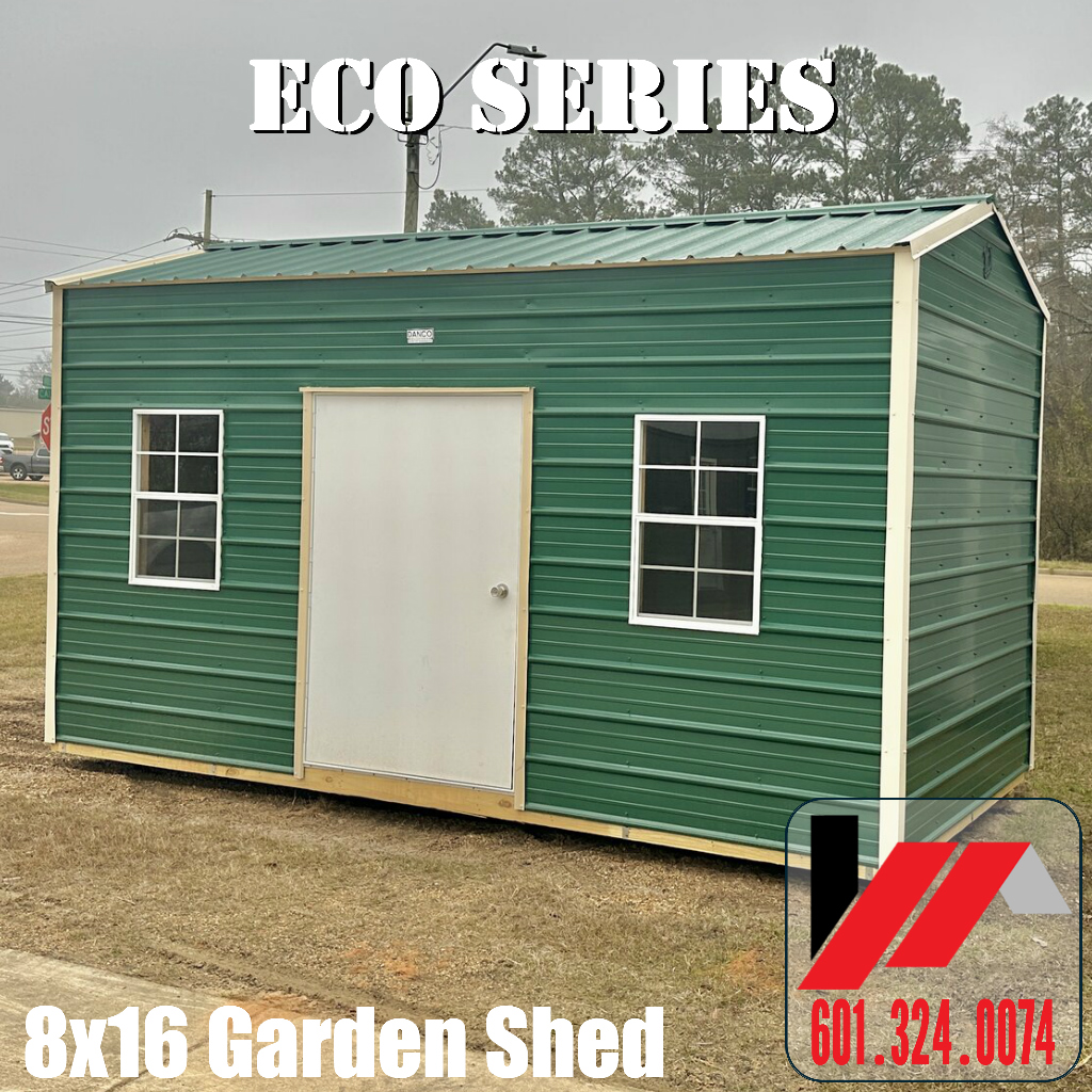 8x16 eco metal side garden shed with Forest metal siding & Roof and Ivory Trim in South Mississippi