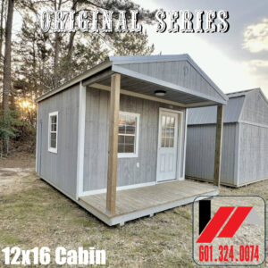 Front Corner View of a 12x16 prefab cabin in Pewter Cast Acrylic Finish