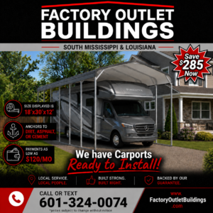 18x30x12 RV carport in South Mississippi and Louisiana – Factory Outlet Buildings