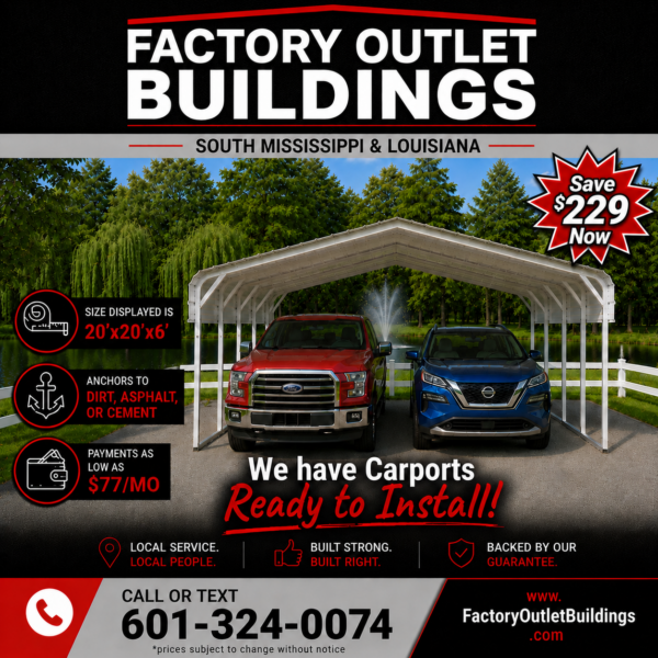 20x20x6 Metal Double Carport-$77/mo