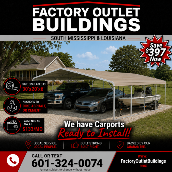 30x20x6 Metal Triple Carport-$138/mo