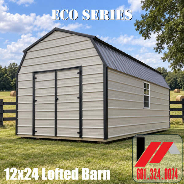 12x24 metal lofted barn with gray metal siding and black trim in South Mississippi