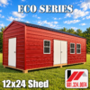12x24 Eco Series metal shed interior with wood framing, plywood floor, windows and double doors