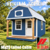 Front and right-side view of a blue Original Series 10x20 lofted cabin with white trim, a white metal roof, and a covered wooden porch.