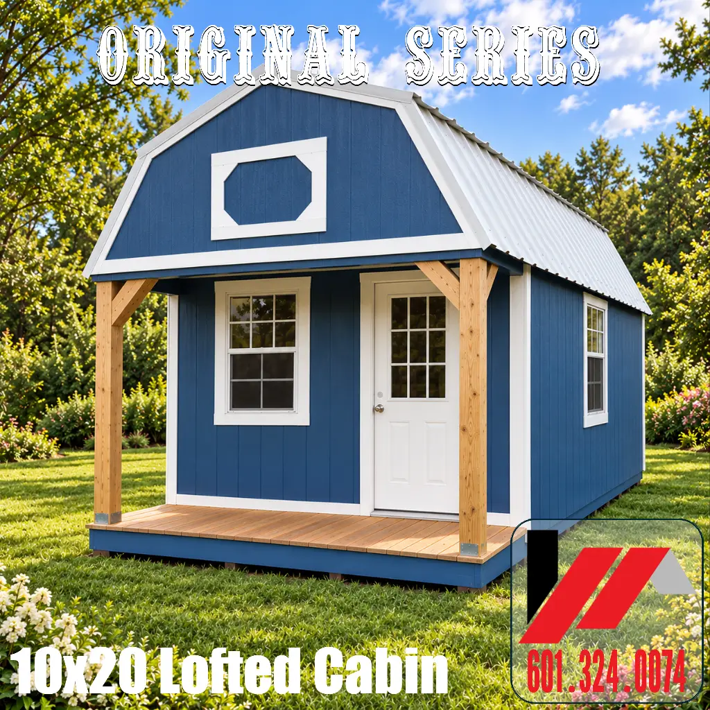 Front and right-side view of a blue Original Series 10x20 lofted cabin with white trim, a white metal roof, and a covered wooden porch.