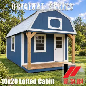 Original Series 10x20 lofted cabin with blue siding, white trim, a white metal roof, and a covered front porch.
