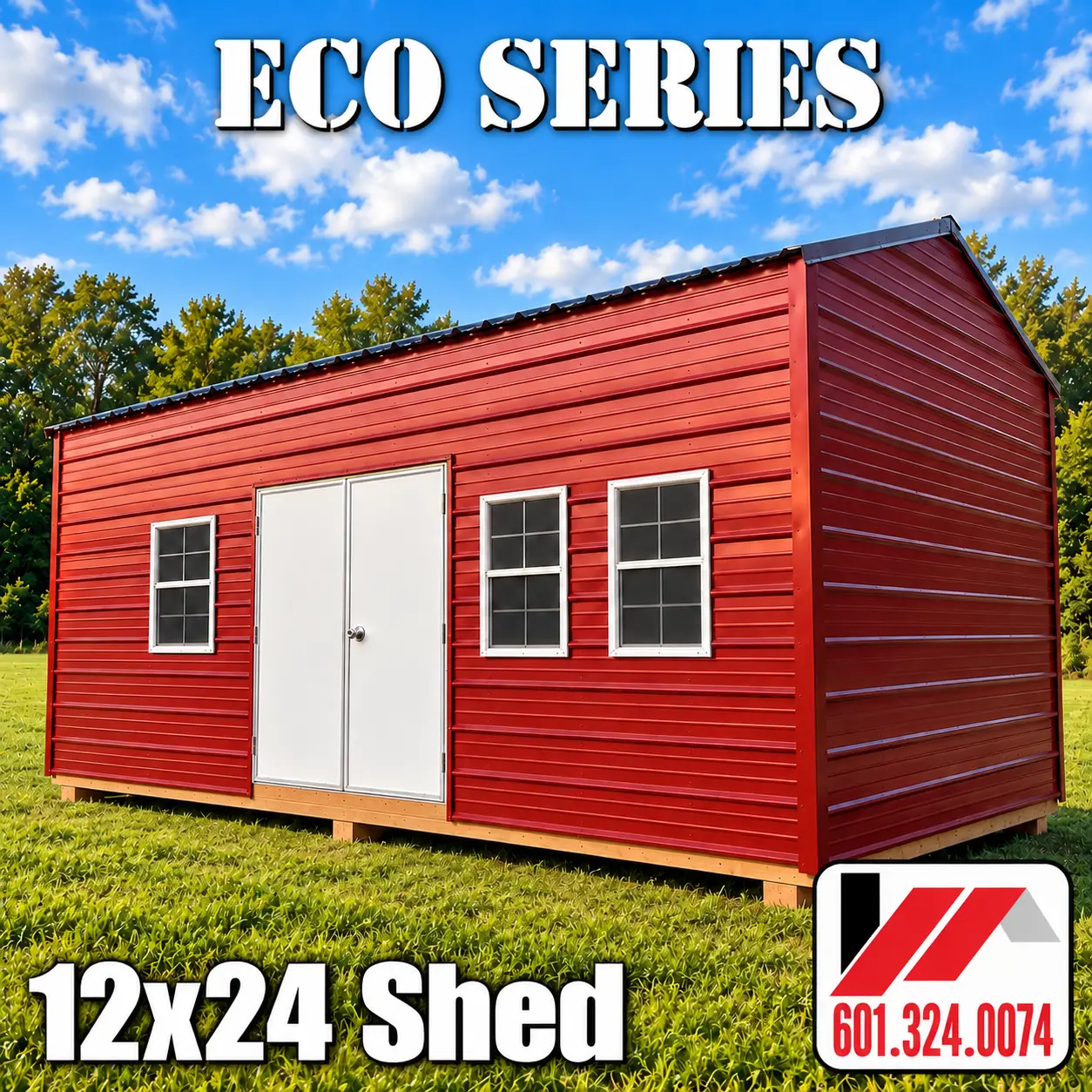 12x24 Eco Series red metal shed exterior with double doors and three windows