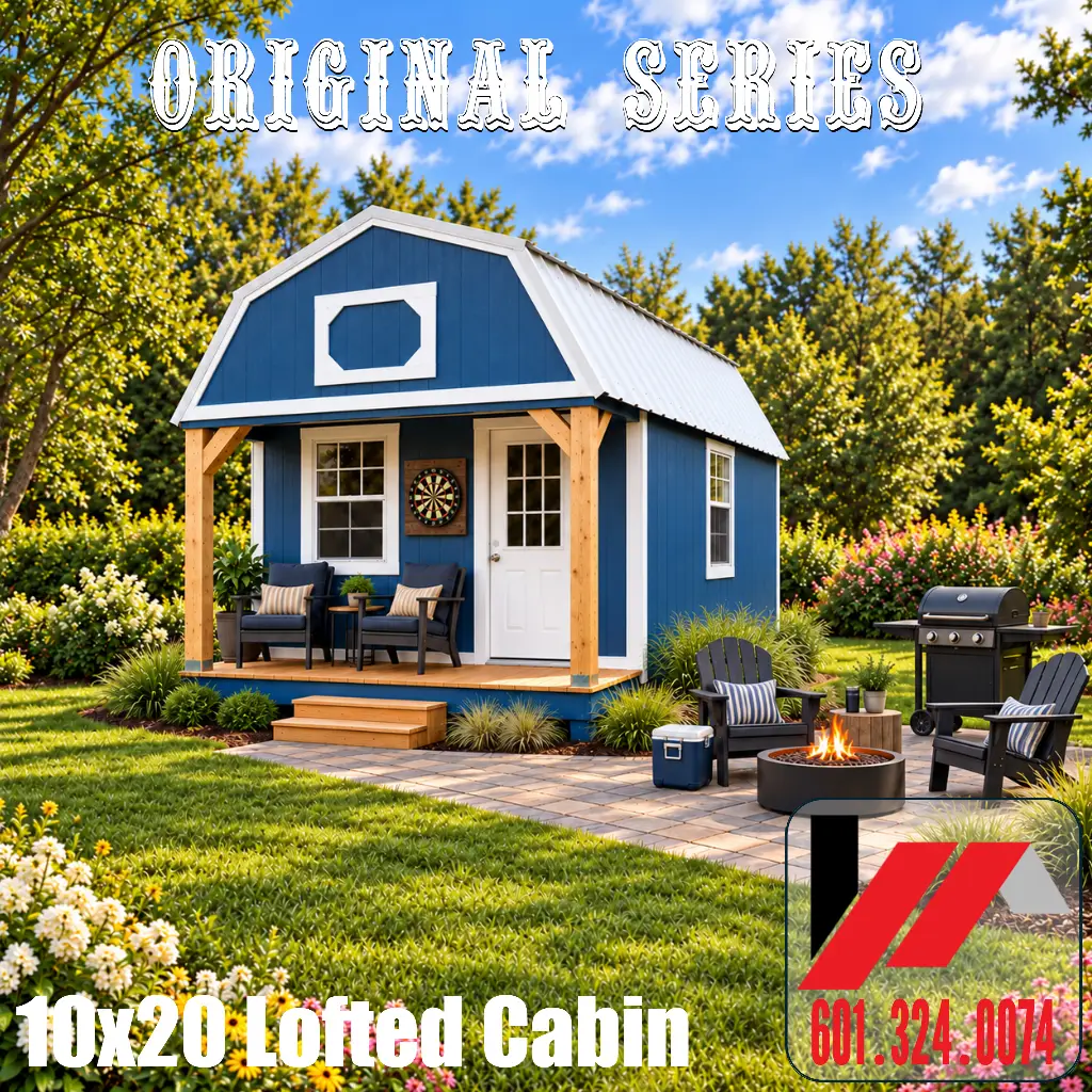 Blue 10x20 lofted cabin styled as a backyard man cave with porch seating, a dartboard, patio, fire pit, and grill.