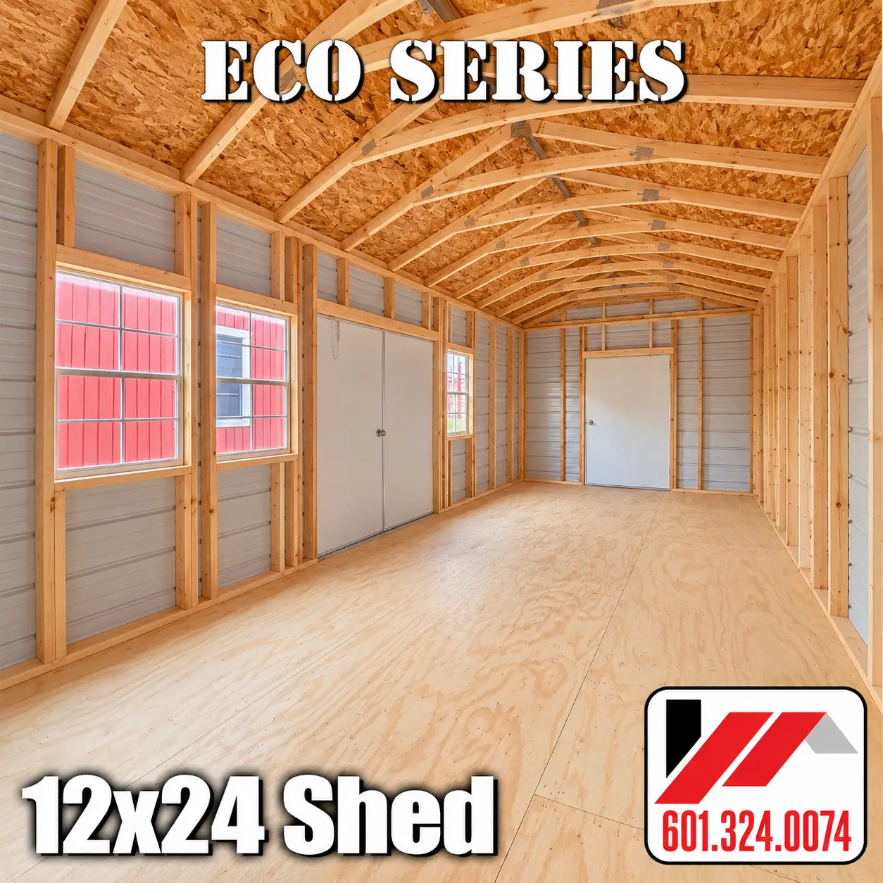 12x24 Eco Series metal shed interior with wood framing, double doors, windows and treated plywood floor