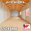 Open interior of 12x24 Eco Series shed with pressure treated plywood floor, wood framing and metal walls