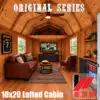 Lofted cabin man cave interior concept with wood walls, leather seating, a football game on TV, ceiling fan, and refreshment bar.