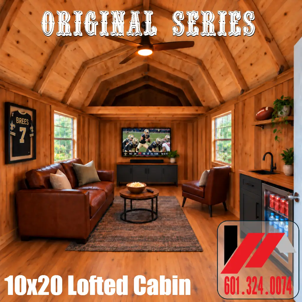 Lofted cabin man cave interior concept with wood walls, leather seating, a football game on TV, ceiling fan, and refreshment bar.