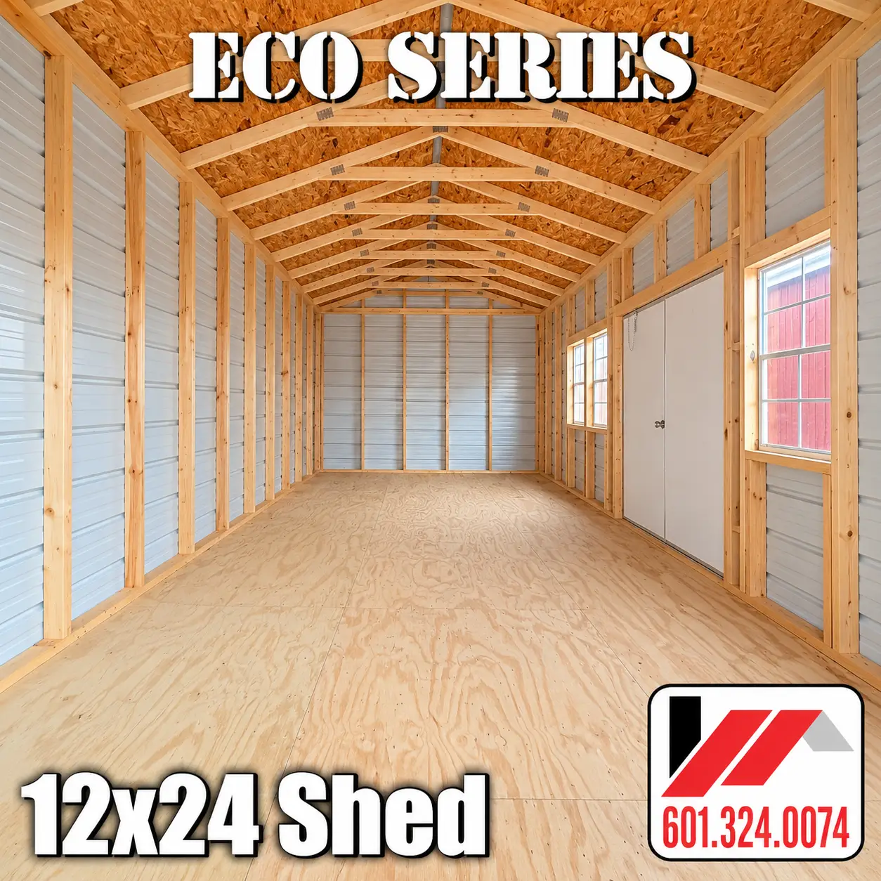 Open interior of 12x24 Eco Series shed with pressure treated plywood floor, wood framing and metal walls