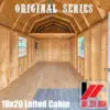 Unfinished 10x20 lofted cabin interior showing exposed wood framing, an overhead loft, plywood flooring, two windows, and electrical wiring.